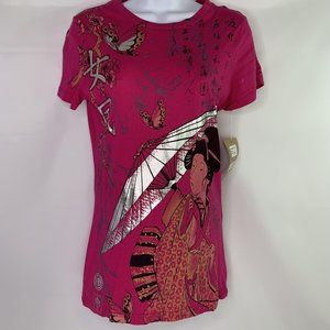 NWT Brad Butter Womens Shirt Japanese Butterfly Graphic Pink Short Sleeve Large